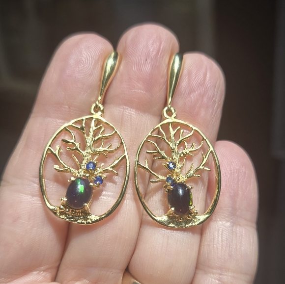 Opal & Sapphire Tree of life sterling & gold earrings - Picture 3 of 9